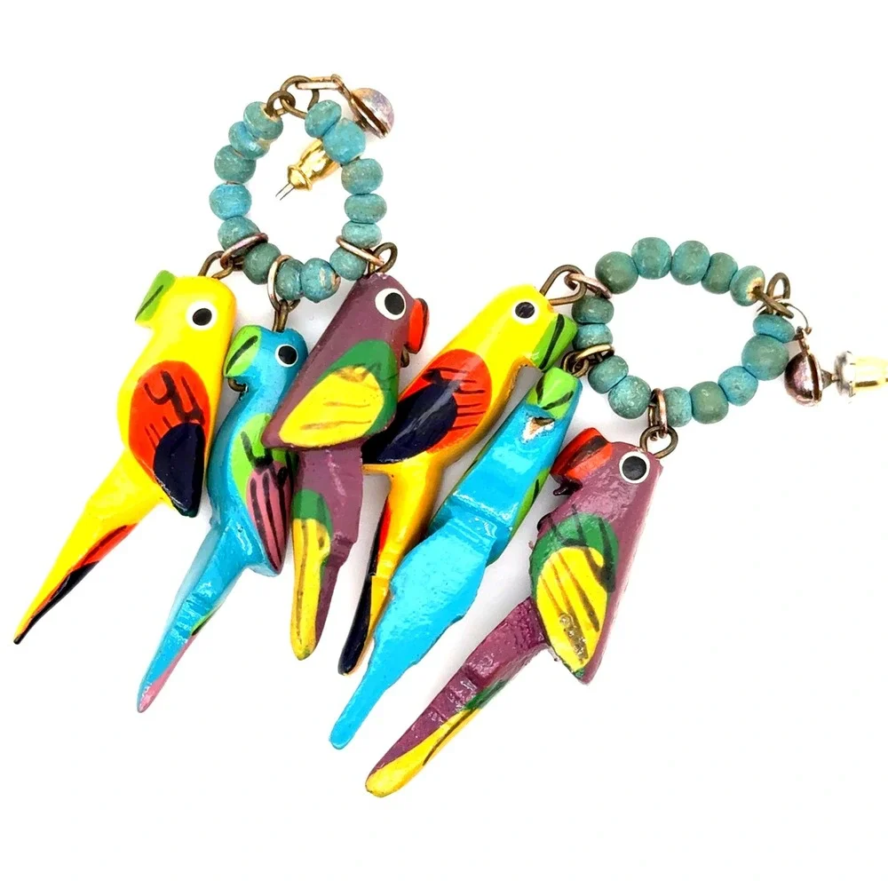 Tropical Bird Fish Earring Bundle Hand Painted Parrot Hoops Angelfish Posts